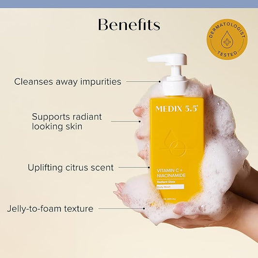 MEDIX Radiant Glow Vitamin C Body Wash W/Niacinamide | Citrus Scented Gentle Body & Face Cleanser For Women, Men, Dry Skin, & Smoother-Looking Skin | Removes Dirt, Oil, & Impurities, 3PC Travel Size