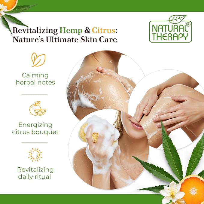 Natural Therapy Body Wash for Women and Men with Hemp & Citrus - Shower Gel Cleanses and Moisturizing Skin - With Dead Sea Minerals Nourish for Body, Pack of 2 (67.6 fl.oz)