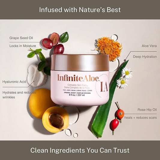 InfiniteAloe Complete Skin Care, Aloe Vera Powered Face and Body Cream for Dry Skin Relief, Fragrance Free - Large Jar 8 oz & 2 Travel Jar 0.5 oz