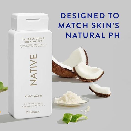 Native Body Wash Contains Naturally Derived Ingredients | For Women & Men, Sulfate, Paraben, & Dye Free Leaving Skin Soft and Hydrating | Sandalwood & Shea Butter 18 oz - 2 Pk