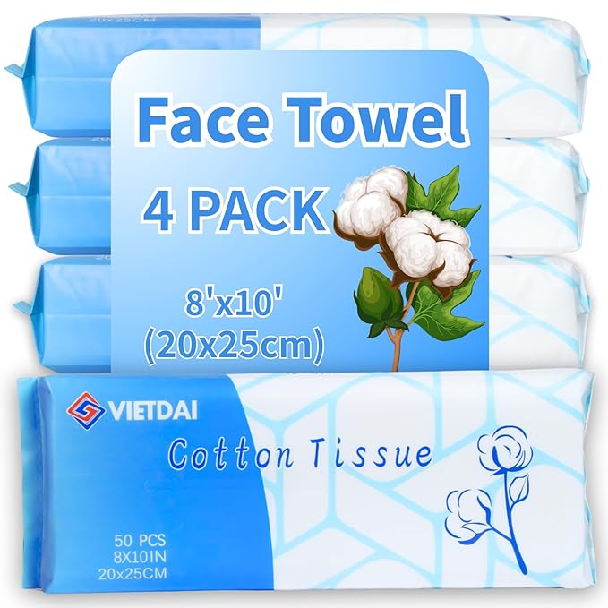 Face Towelettes Disposable 8" x 10" VIETDAI Ultra Soft Disposable Face Towels XL for Sensitive Skin, Clean Facial Towels Wet and Dry Use for Women Cleaning and Skincare -200 Count