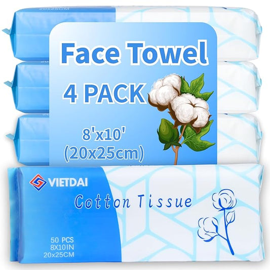 Face Towelettes Disposable 8" x 10" VIETDAI Ultra Soft Disposable Face Towels XL for Sensitive Skin, Clean Facial Towels Wet and Dry Use for Women Cleaning and Skincare -200 Count
