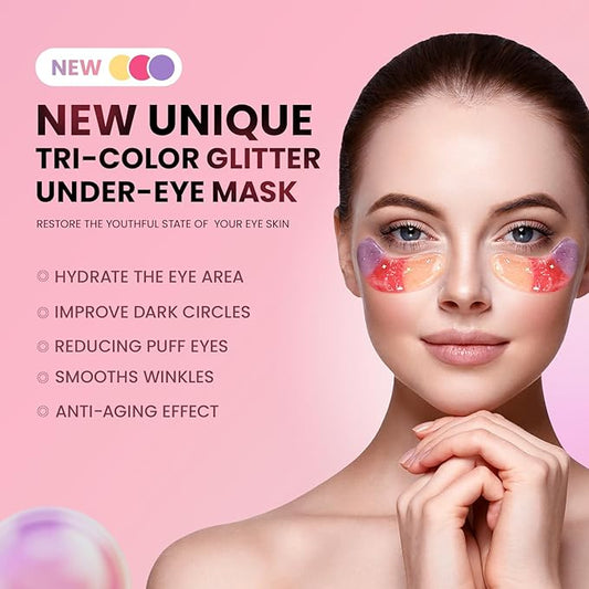 Under Eye Patches (48 Pairs) - New Tri-color Glitter Eye Gel Pads for Dark Circles Puffy Eyes,Under eye Bags,Wrinkles|Natural Collagen Under Eye Mask Patches, Gel Under Eye Patches