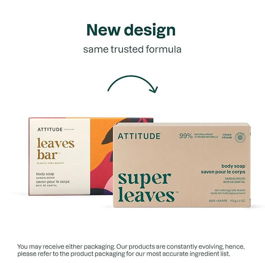 ATTITUDE Body Soap Bar, Natural Origin, Protects and Softens Dry Skin, Watercress, Indian Cress & Olive Oil, Made in Canada, EWG Verified & Vegan, Sandalwood, 4 Oz (Pack of 6)