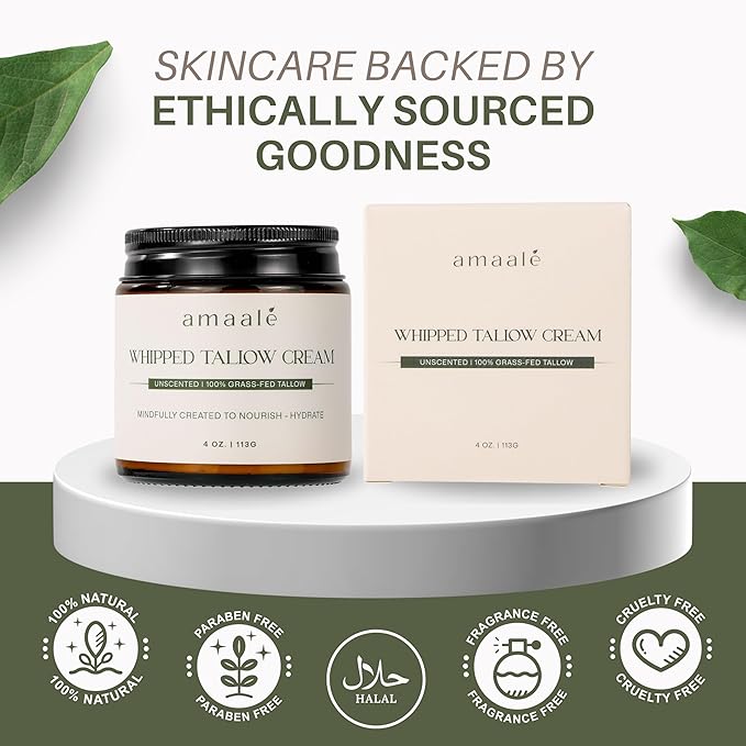 100% Grass-Fed Whipped Tallow Cream (Unscented) - Halal-Certified Beef Tallow with Organic Raw Honey & Cold-Pressed Olive Oil - Natural Face & Body Moisturizer for Dry, Sensitive Skin, 4 oz