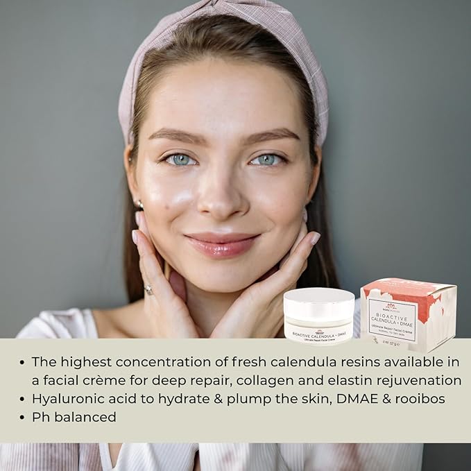 Bioactive Calendula + DMAE Ultimate Repair Face Cream – With Hyaluronic Acid, Rooibos & Rose – Moisturizer for Normal to Dry Skin – Vegan, Non-GMO, Gluten-Free, Soy-Free – 2 oz