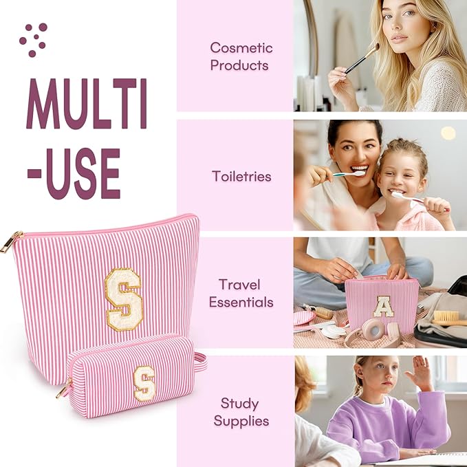 2 PCS Initial Makeup Bags for Women: Cosmetic Bag for Travel Toiletry - Birthday Gifts for 11 12 13 14 15 16 17 18 Years Old Girl Graduation Teacher Gift- Teen Girl Gifts Trendy Stuff - Pink S