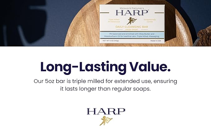 HARP pH-Balanced (5.0-6.0) Body Wash Bar. ZERO saponified oils. Protects Moisture Barrier. Gentle for Sensitive/Dry skin. + Shea Butter/Borage Oil. Non-Comedogenic. FRESH SPORT Fragrance. 5oz