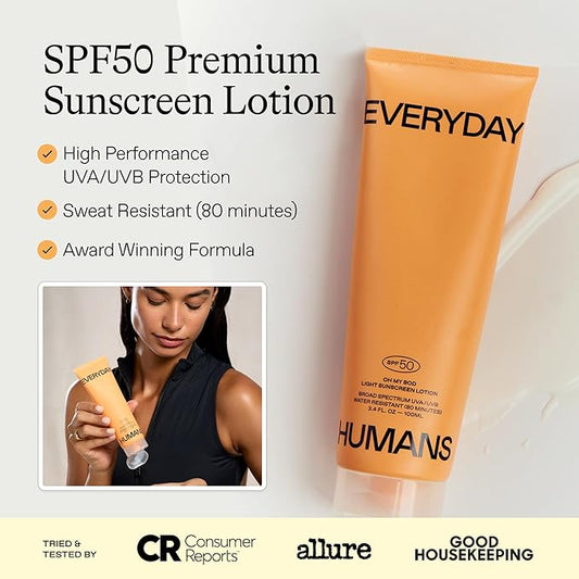 Everyday Humans Oh My Bod SPF50 Sunscreen Body Lotion 3.4 oz | Travel Ultra Light & Invisible SPF | Sweat & Water Resistant | Doesn't Sting Eyes | UVA/UVB Broad Spectrum Protection | Oxybenzone Free