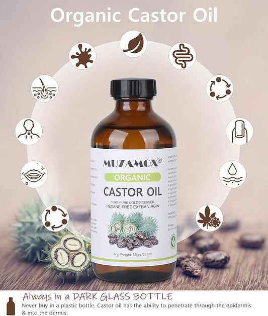 Castor Oil Pack Wrap & 8fl.oz Glass Bottle Set, Organic Cold-Pressed Unrefined Castor Oil Included