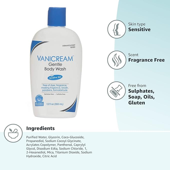 Vanicream Gentle Body Wash, 12 Fl Oz, Formulated without Common Irritants for Sensitive Skin, Gentle Cleanse and Moisture, Removes Dirt & Oils, Non-Drying, pH-Balanced Shower Gel