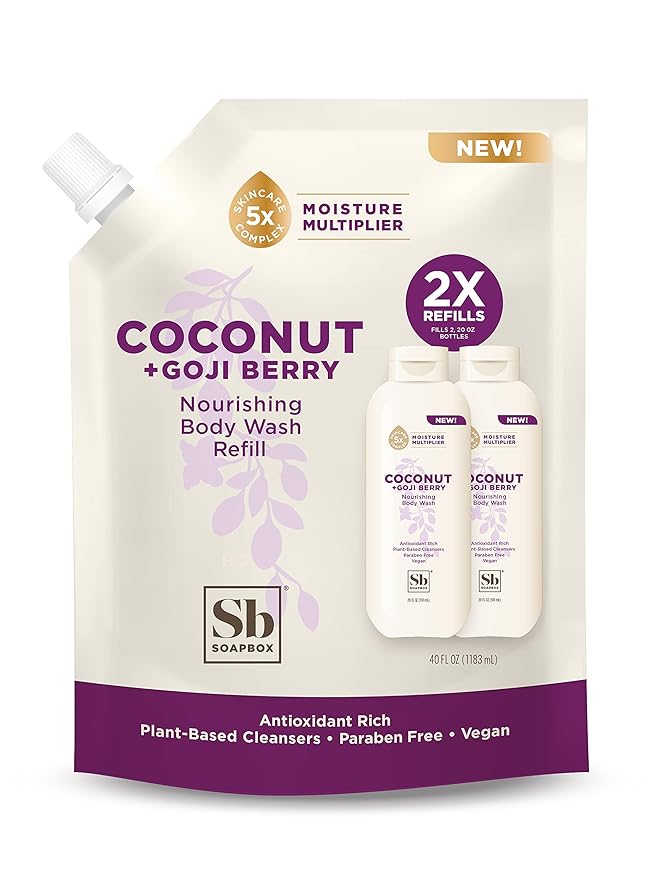 Soapbox Body Wash Refill, Coconut + Goji Berry Body Wash Refill Pack, Bulk Soap Pouch, Vegan + Antioxidant Rich Moisturizing with Shea Butter, Peptides & Keratin Promoting B3, 40oz