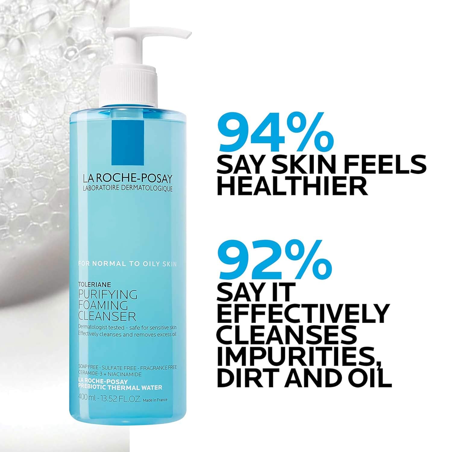 Toleriane Purifying Foaming Facial Cleanser – Oil-Free Face Wash with Niacinamide & Ceramides – Gentle Pore Cleanser for Sensitive Skin – Soap-Free, Non-Drying Formula for Women & Men