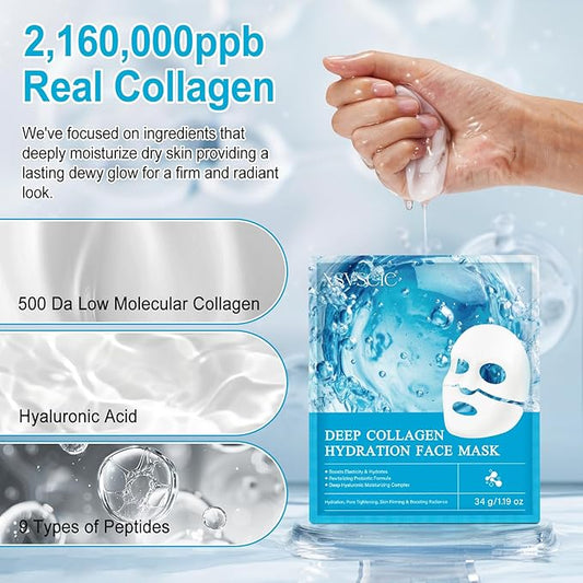 Collagen Face Mask, Deep Collagen Anti Wrinkle Lifting Mask Hydrogel Masks with Low Molecular Sheet Mask Overnight Hydrating Face Mask for Firming,Elasticity, Moisturizing for All Skin Types