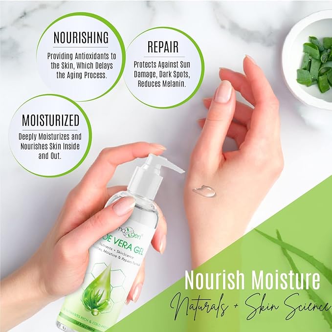 Aloe Vera Gel - Organic 100% Pure Aloe + Witch Hazel + Vitamin C + Vitamin E - Skin Soothes, Moisture And Repair Formula, Nutrients Rich And Cold Pressed - 16 Fl Oz