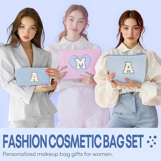 2 PCS Initial Makeup Bags for Women: Cosmetic Bag for Travel Toiletry - Birthday Gifts for 11 12 13 14 15 16 17 18 Years Old Girl Graduation Teacher Gift- Teen Girl Gifts Trendy Stuff - Blue B