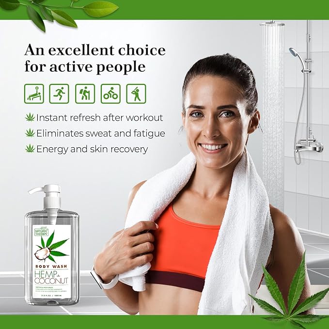 Natural Therapy Body Wash for Women and Men with Hemp & Coconut Oils - Shower Gel Cleanses and Moisturizing Skin - With Pure Dead Sea Minerals Nourish for Body - Pack of 2 (67.6 fl.oz)