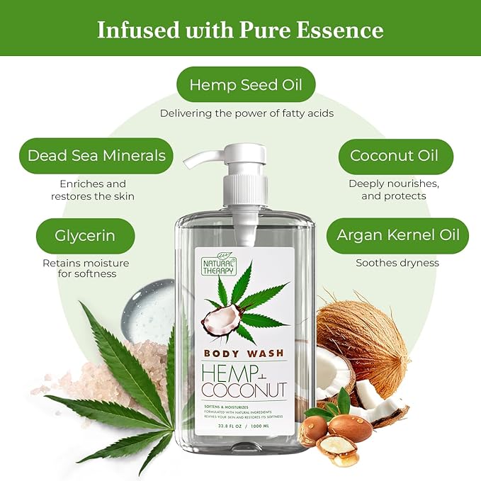 Natural Therapy Body Wash for Women and Men with Hemp & Coconut Oils - Shower Gel Cleanses and Moisturizing Skin - With Pure Dead Sea Minerals Nourish for Body - Pack of 2 (67.6 fl.oz)