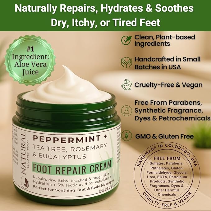 Peppermint + Rosemary, Eucalyptus & Tea Tree Foot Cream for Dry Cracked Heels and Feet - Moisturizing Foot Lotion for Cracked Heel Repair - Callus Remover with Lactic Acid (4 oz)
