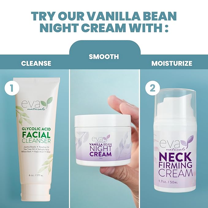 Eva Naturals Vanilla Bean Night Cream – Overnight Face Moisturizer with Vitamin E, C, B Complex & CoQ10 – Anti-Aging Facial Lotion with Green Tea & Shiitake – Hydrating Cream for Renewed, Smooth Skin