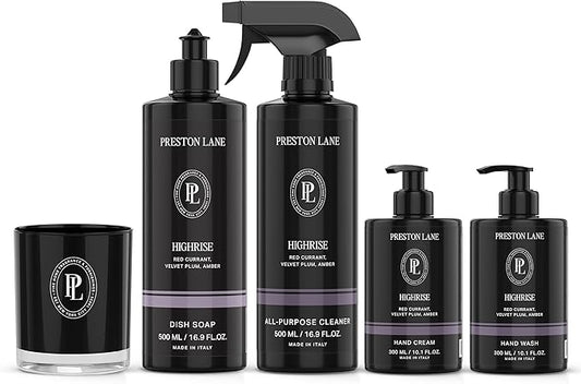 Signature Set, Includes All Purpose Cleaner, Dish Soap, Hand Wash, Hand Cream, & Scented Candle, Highrise