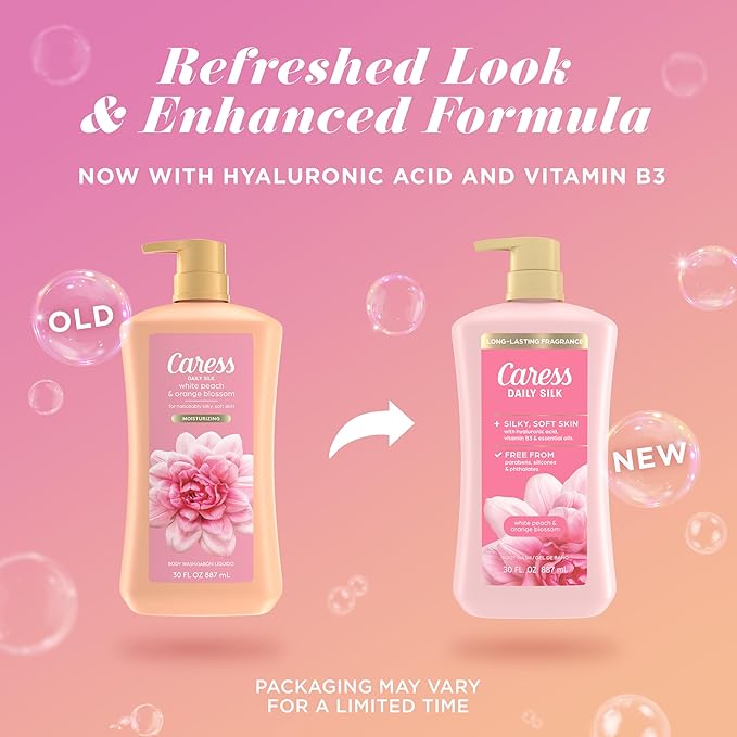 Caress Body Wash With Pump Daily Silk White Peach & Orange Blossom Body Soap for Noticeably Silky, Soft Skin 30 fl oz, 4 Pack