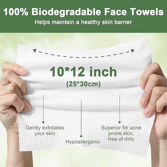 Face Towels Disposable, 12” x 10” Biobased Facial Towelettes, Large Soft & Thick Dry Wipes for Gentle Skincare, Face Washing & Makeup Removal, Lint-Free Clean Facial Towels, 100 Count