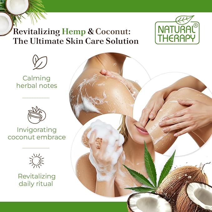 Natural Therapy Body Wash for Women and Men with Hemp & Coconut Oils - Shower Gel Cleanses and Moisturizing Skin - With Pure Dead Sea Minerals Nourish for Body - Pack of 2 (67.6 fl.oz)