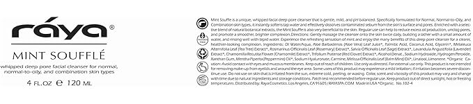 Raya Mint Soufflé Facial Cleanser (102) - Face Wash for Sensitive Skin, Combination & Oil Skin, Clears Pores, Sensitive Formula, Mint, 4 oz