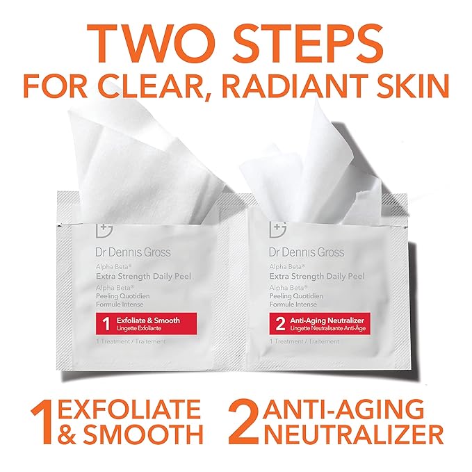 Dr. Dennis Gross Alpha Beta Extra Strength Daily Peel – 2-Step Exfoliating Pads for Enhanced Anti-Aging, Smoother Skin, and Radiant Complexion, 60 Treatments