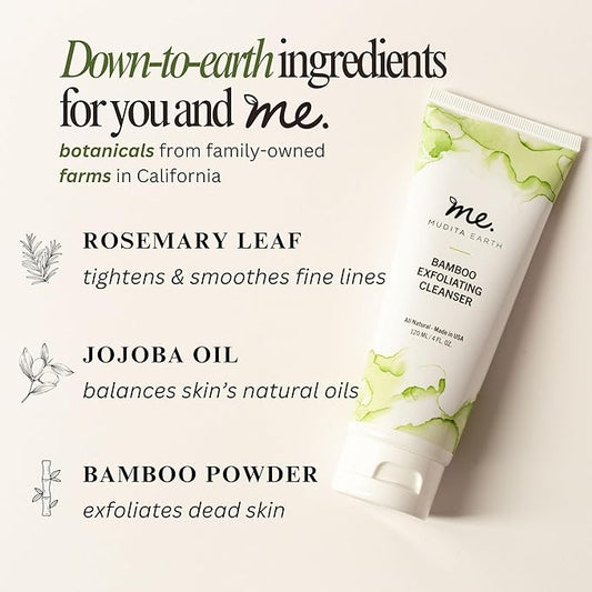 Mudita Earth Bamboo Microdermabrasion Facial Scrub – 4oz | Dermatologist-Tested Exfoliator Cleanser for Face & Body, Acne & Blackheads | Shea Butter & Lactic Acid - Vegan, Fragrance-Free, Sulfate-Free