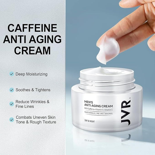 JVR Mens Face Moisturizer, Anti Aging Moisturizing Cream, Lightweight Face Moisturizer For Men Anti Wrinkle Mens Face Lotion Day & Night with Caffeine, Niacinamide, Facial Skin Care 1.7 oz