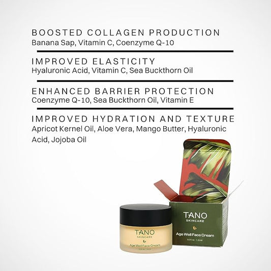Tano Age Well Face Cream – Retinol Alternative with Banana Sap, Hyaluronic Acid, Vitamin C – Reduces Wrinkles, Firms Skin, Boosts Collagen – Fragrance Free, EU Clean, 0.5oz