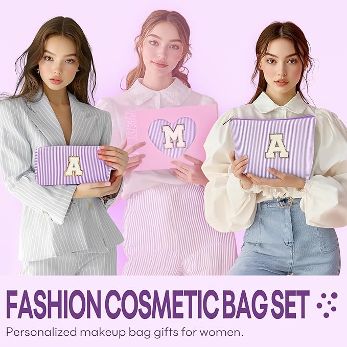 2 PCS Initial Makeup Bags for Women: Cosmetic Bag for Travel Toiletry - Birthday Gifts for 11 12 13 14 15 16 17 18 Years Old Girl Graduation Teacher Gift- Teen Girl Gifts Trendy Stuff - Purple B