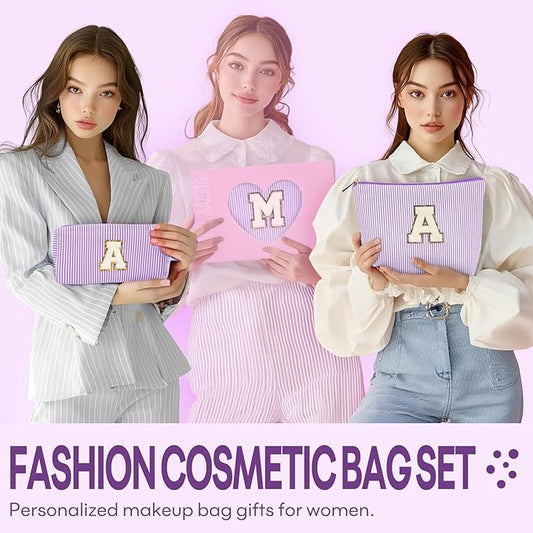 2 PCS Initial Makeup Bags for Women: Cosmetic Bag for Travel Toiletry - Birthday Gifts for 11 12 13 14 15 16 17 18 Years Old Girl Graduation Teacher Gift- Teen Girl Gifts Trendy Stuff - Purple H