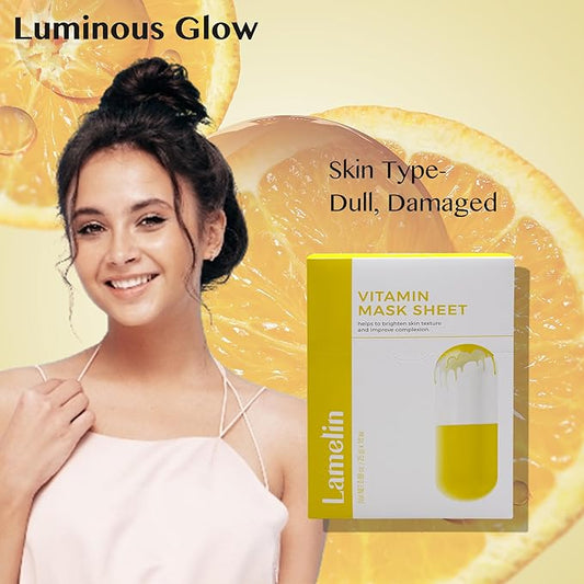 Lamelin Vitamin Niacinamide Sheet Mask, 10 Pack, Lemon Kiwi Extract Tocopherol Anti Aging Tightening Hydrating Made In Korea