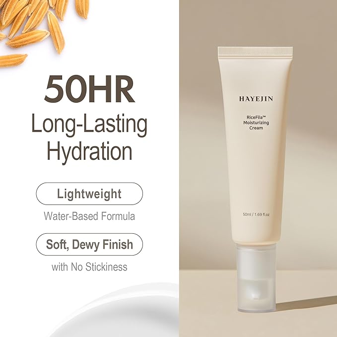 HAYEJIN RiceFila Moisturizing Cream - 50HR Hydrating Day and Night Moisturizer Face Cream with Niacinamide, 8 Hyaluronic Acids & 6 Peptides - Lightweight & Layerable Vegan Korean Skincare 1.69 fl oz