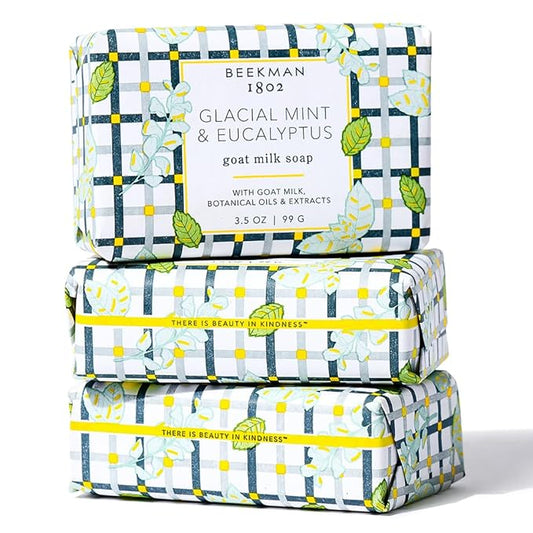 Beekman 1802 Glacial Mint & Eucalyptus 3-Pack Palm-Sized Bar Soap Set - Scented - 3.5 oz - Cleanses, Nourishes & Hydrates - Certified Microbiome Friendly - No Irritation - Good for Sensitive Skin
