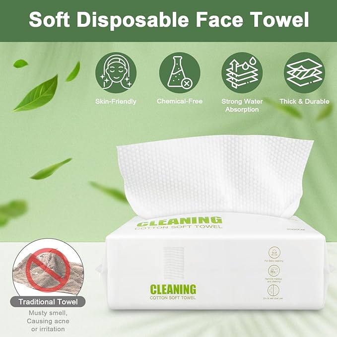Disposable Face Towels – 60 Count Biodegradable Facial Cleansing Cloths – Lint-Free, Unscented, Extra Thick Soft Towelettes for Sensitive Skin & Makeup Removal