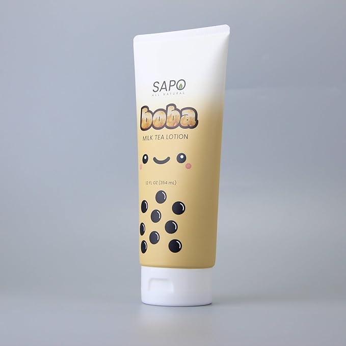 Sapo Boba Milk Tea Body Lotion - Hydrating Moisturizer with Aloe, Hyaluronic Acid, Coffee Extract and Vitamin E - Sweet Caramel Scent, 12 oz