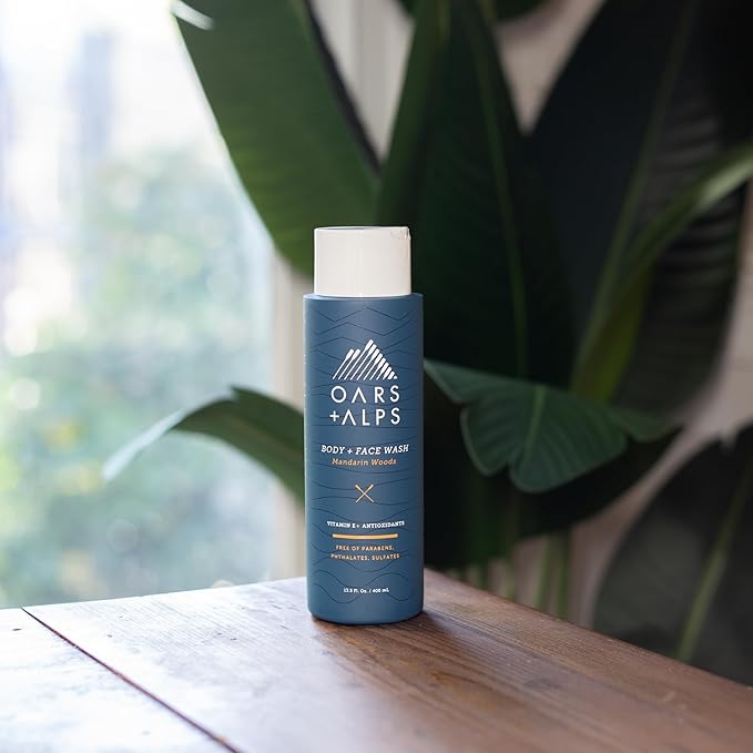 Oars + Alps Mens Moisturizing Body and Face Wash, Skin Care Infused with Vitamin E and Antioxidants, Sulfate Free, Mandarin Woods, 13.5oz, 2 Pack