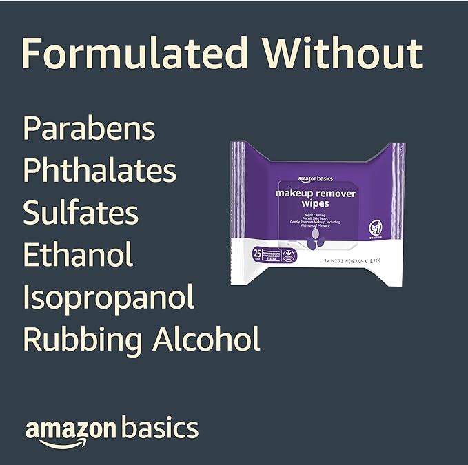 Amazon Basics Makeup Remover Wipes, Gentle Cleansing, Dermatologist Tested, Night Calming, Plant Based, Alcohol Free, Removes Waterproof Mascara, 25 Count Per Pack, Pack of 6 (Previously Solimo)