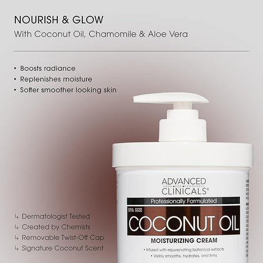 Advanced Clinicals Coconut Oil Body Cream For Women & Men | Hydrating Coconut Lotion For Extremely Dry Skin | Visible Anti Aging Body Butter Skin Care Balm Moisturizer For Hand, Heel, Feet, 16oz, 2PC