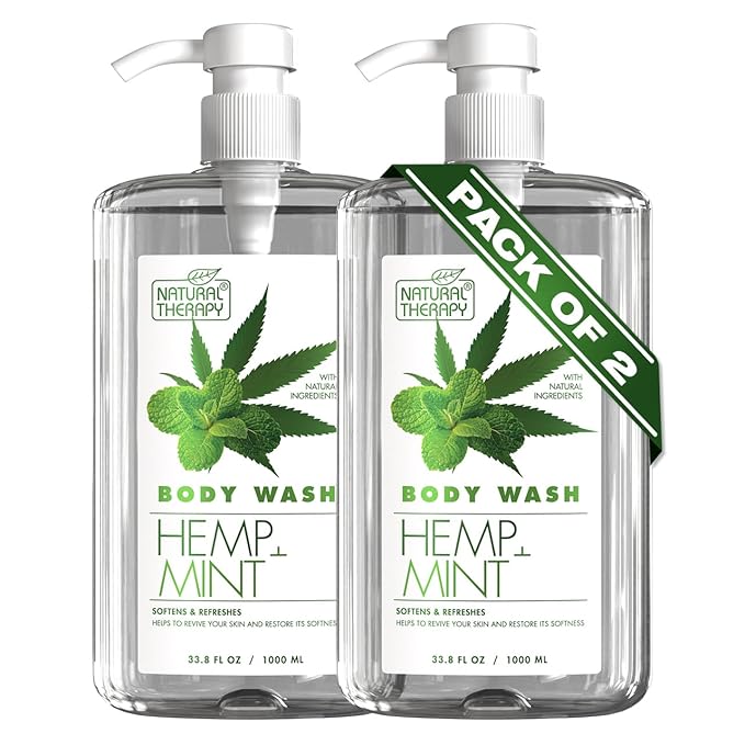 Natural Therapy Body Wash for Women and Men with Hemp & Mint - Shower Gel Cleanses and Moisturizing Skin - With Dead Sea Minerals Nourish for Body, Pack of 2 (67.6 fl.oz)