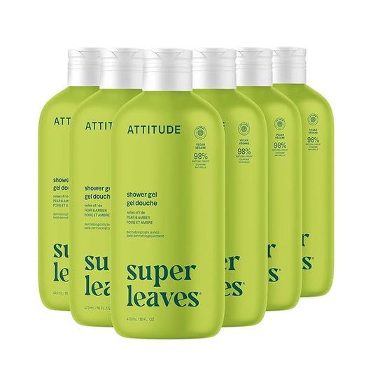 ATTITUDE Body Wash, EWG Verified Shower Gel, Dermatologically Tested, Plant and Mineral-Based, Vegan Personal Care Products, Pear & Amber Scent, 16 Fl Oz (Pack of 6)