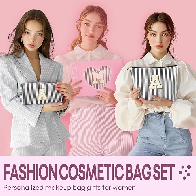 2 PCS Initial Makeup Bags for Women: Cosmetic Bag for Travel Toiletry - Birthday Gifts for 11 12 13 14 15 16 17 18 Years Old Girl Graduation Teacher Gift- Teen Girl Gifts Trendy Stuff - Black A