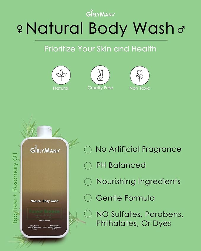 GirlyMan Natural Body Wash - Made with Olive Oil & Aloe Extract, No Artificial Fragrance, PH Balanced, Gentle Formula, Nourishing Ingredients, Family Owned (Rosemary Tea Tree)