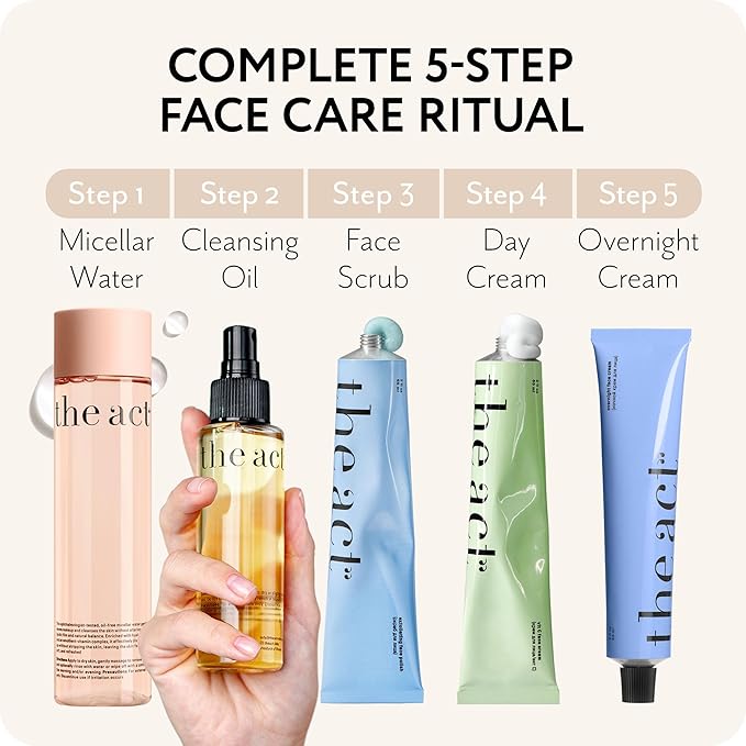 THE ACT 5-Step Face Care Set – Gift Set for Her Women Mom Wife Girlfriend – Micellar Water Cleansing Oil Face Scrub Day Cream Overnight Cream – Luxury Beauty Set - Birthday, Christmas , Vegan