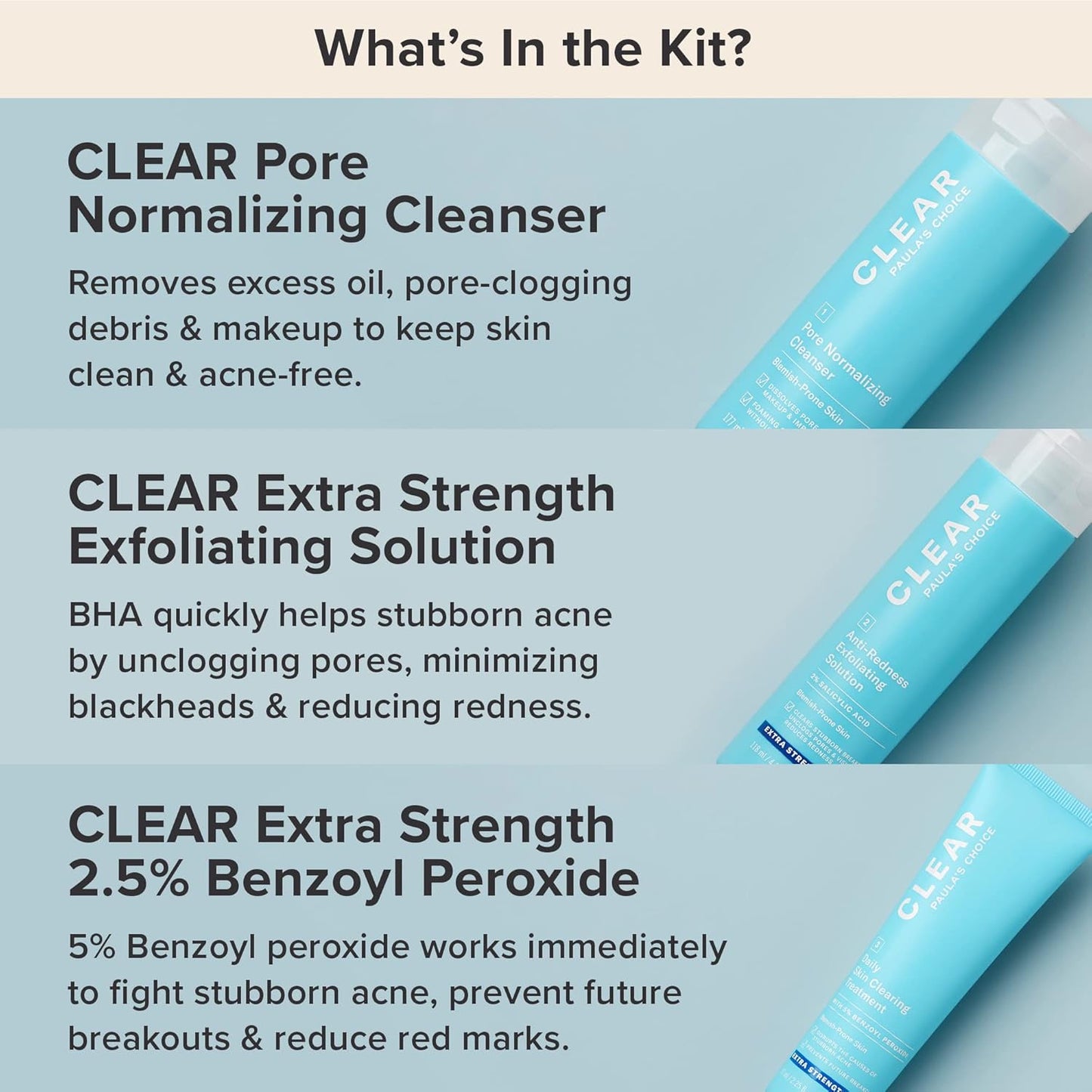 CLEAR 3-Step Acne Treatment Kit – Salicylic Acid Cleanser, 2% BHA Exfoliant & Benzoyl Peroxide Spot Treatment | Fragrance-Free Skincare Set for Mild to Severe Acne & Breakouts | 3-Piece Set