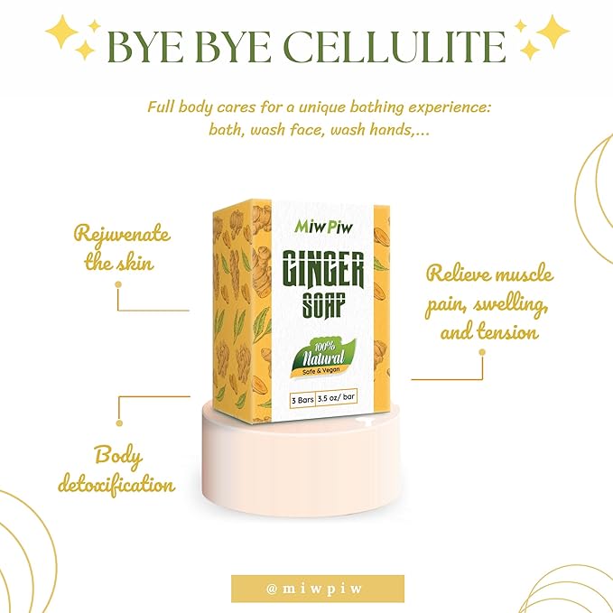 Ginger Soap Lymphatic Drainage Pack 3 - Anti-Cellulite Skin Tightening - Natural Ingredients Detox Soaps for Deep Clean Shower, Detoxification, Rejuvenating